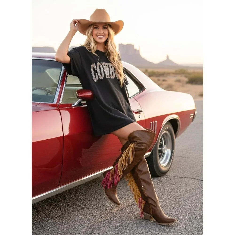 Women Brown Polyurethane Pointed Toe Fringe Adjustable Thigh High Cowgirl Boot